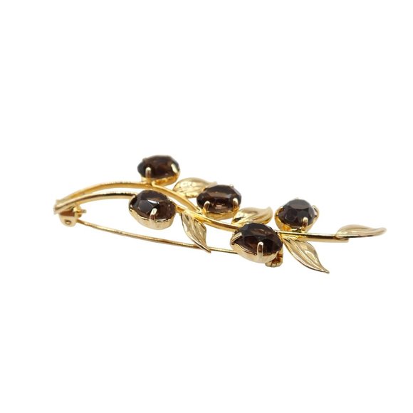 Smokey Topaz & Gold Tone Botanical Vine Leaf Gemstone Brooch Unsigned - Picture 3 of 4